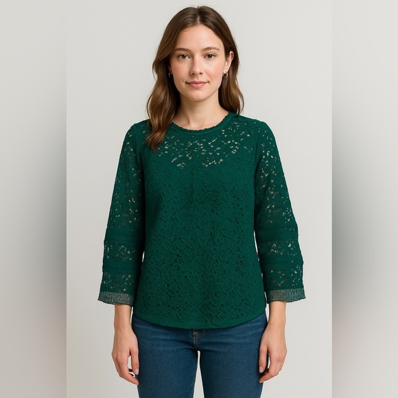 J Crew AU229 Green Lace Blouse Ruffle Lined Crochet Coquette Cottegecore Boho M - Picture 1 of 8